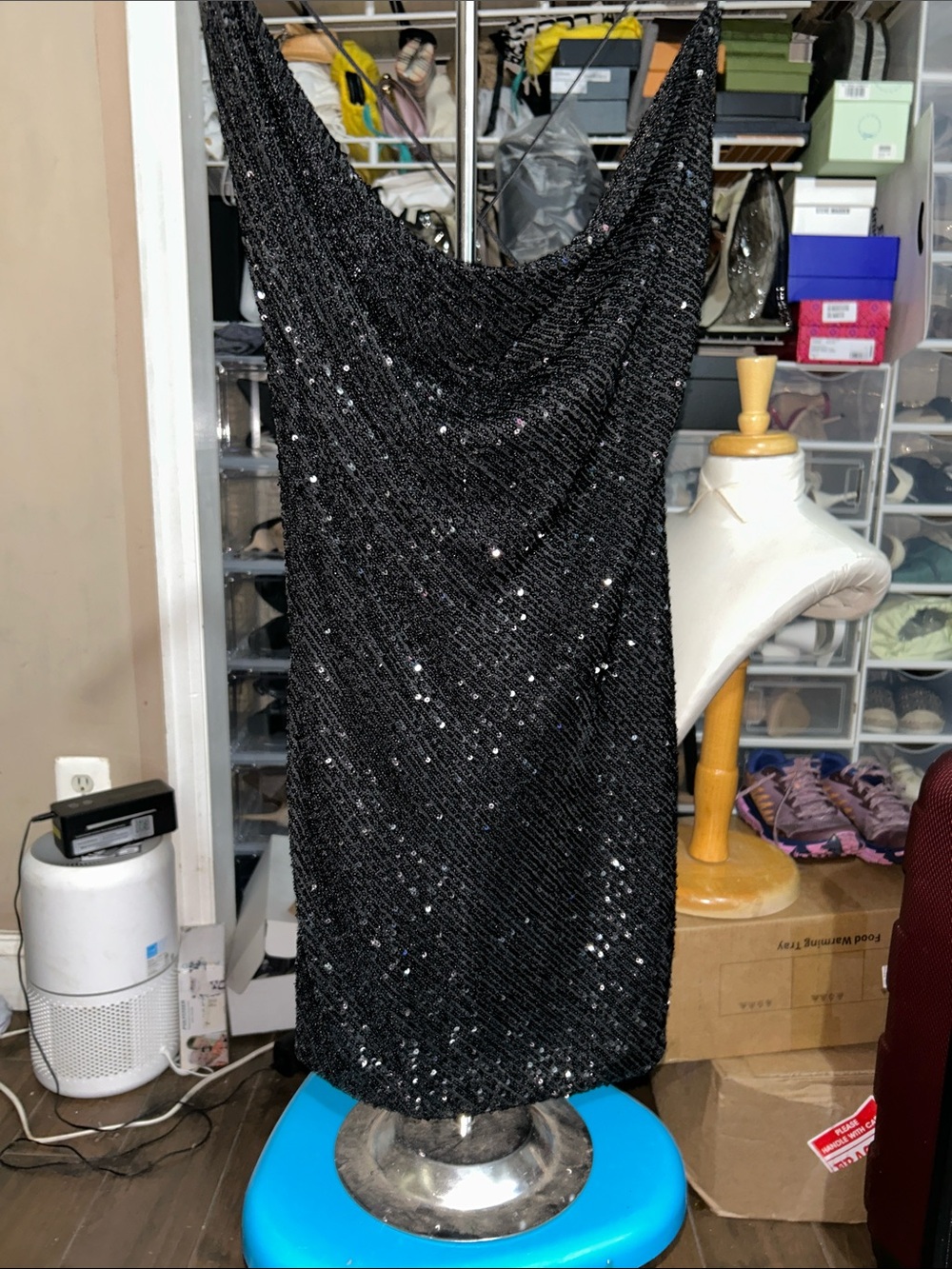 JAYGODFREY Black Sequin Cowl Mini Dress